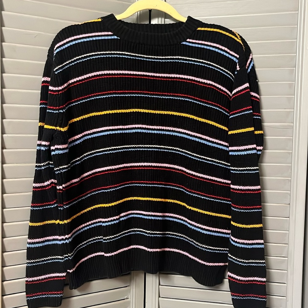 Popsugar Cotton Crew Neck Sweater, Black Multi-Colored Stripes, Size M